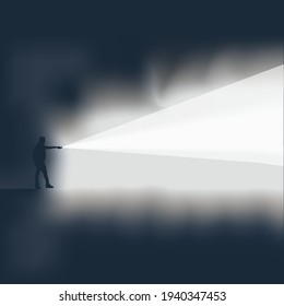 Vektor Eine Person, die mit einer Taschenlampe auf dunkelgrauem Hintergrund nach ihrem Weg in der Dunkelheit sucht