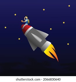 Ilustración gráfica vectorial de una persona sentada comiendo aperitivos en un cohete que vuela por la noche con nubes y estrellas. Adecuado para publicidad de productos de aperitivos, tecnología y bolsas.
