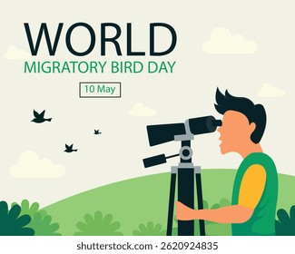 illustration vector graphic of a person is watching birds flying, perfect for international day, world migratory bird day, celebrate, greeting card, etc.