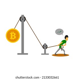 Illustration vector graphic for person wearing green shirt pulling pulley as hard as possible with bitcoin weight. Good for shows price increases or graphs that occur in bitcoin or crypto currency