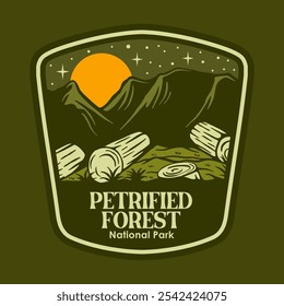 Illustration Vektorgrafik von PETRIFIED FOREST AT THE NIGHT NATIONAL PARK BADGE LOGO DESIGN VEKTORGRAFIK für Bekleidungsdesign Waren, wie Logos auf Produktverpackungen