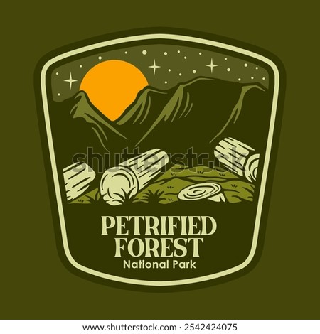 Illustration vector graphic of PETRIFIED FOREST AT THE NIGHT NATIONAL PARK BADGE LOGO DESIGN VECTOR ILLUSTRATION for apparel design merchandise, such as logos on product packaging
