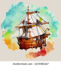 illustration vector graphic of pirate ship on watercolor style good for print on postcard, poster or t-shirt design