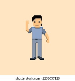 illustration vector graphic of pixel art character, boy with black hair,blue t-shirt good for your project and game