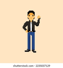 illustration vector graphic of pixel art character, man with black hair,black t-shirt, blue long pant good for your project and game