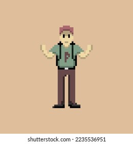 illustration vector graphic of pixel art character, man with red hair,green t-shirt bring a bag good for your project and game.