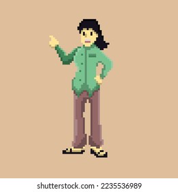 illustration vector graphic of pixel art character, woman with black hair,green shirt,brown long pant good for your project and game
