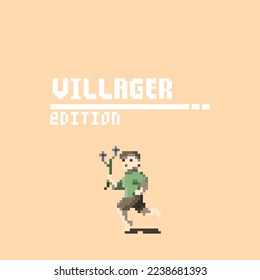 Vektorgrafik von Pixelart Charakter, Dorfausgabe ein Junge bringt eine Blume, gut für Ihr Projekt und Spiel.