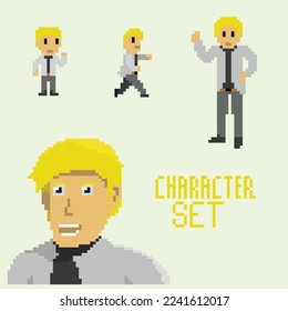 Vektorgrafik von Pixelkunst Zeichen setzen ein Geschäftsmann mit gelbem Haar gut für Ihr Projekt und Spiel.