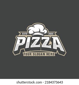 Illustration vector graphic of Pizza logo design template with cap chefs on gold black background perfect for cafe, fast food, junk food, restaurant, bar, ect