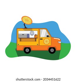 Illustration vector graphic of pizza vending truk orange and yellow colour with pizza symbols above and on the front door, great for reference for those looking to build a food vending truck.