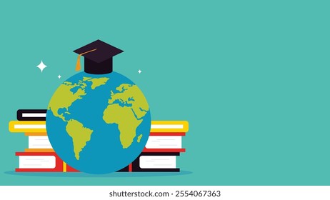 illustration vector graphic of planet earth wearing a graduation cap, displaying a stack of books, perfect for international day, international day of education, celebrate, greeting card, etc.