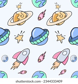 Illustration Vector Graphic Of Planet Space and Rocket Good For Wallpaper and Background