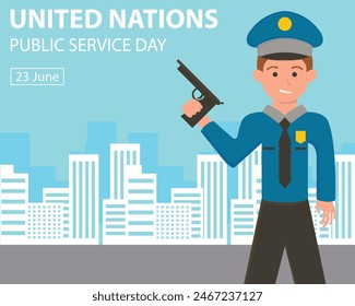 illustration vector graphic of a policeman holding a gun in the middle of the city, perfect for international day, united nations public service day, celebrate, greeting card, etc.
