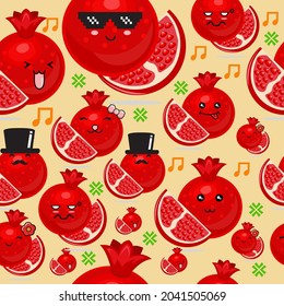 illustration vector graphic of pomegranate kawaii. Cute Pomegranate seamless pattern premium vector. Perfect for your background, textile product, print on demand.