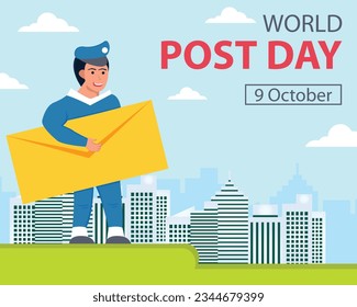 illustration vector graphic of a postman holding a large postcard, perfect for international day, world post day, celebrate, greeting card, etc.