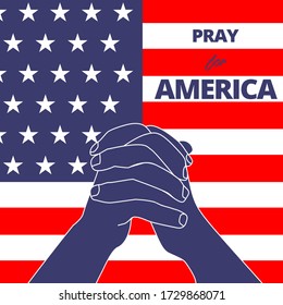 Illustration vector graphic of praying hands symbol on United States of America flag background. Pray for America concept. Flat style. Abstract background for banner or poster design. Graphic element.