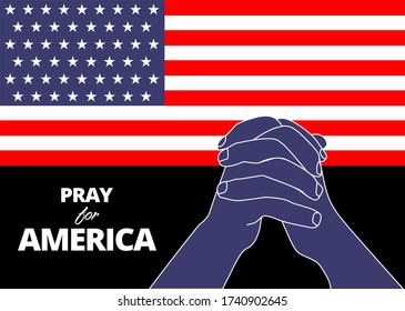 Illustration vector graphic of praying hands symbol on United States of America flag background. Pray for America concept. Flat style. Abstract background for banner or poster design. Graphic element.