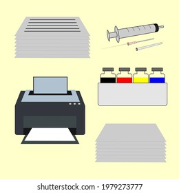Gráfico vectorial de ilustración de la impresora. Colección de herramientas que admiten el rendimiento de la impresora.