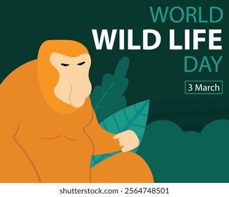 illustration vector graphic of The proboscis monkey is in the middle of the forest, perfect for international day, world wild life day, celebrate, greeting card, etc.