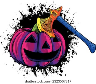 Illustration vector graphic of pumpkin with ax on white background