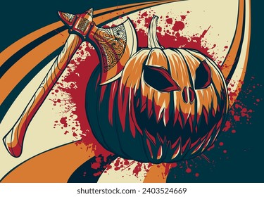 Illustration vector graphic of pumpkin with ax on white background