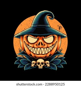 Illustration vector graphic of pumpkin skull suitable for t-shirt design