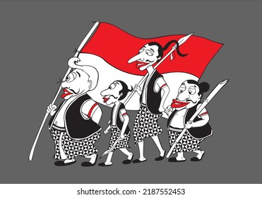 

Illustration vector graphic of Punokawan walk together. Semar carried the Indonesian flag, Gareng, petruk, bagong carrying sharpened bamboo.  Suitable for posters, banners, t-shirts, logo, icon, etc svg