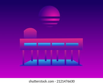 Illustration vector graphic of purple background with pillared buildings and planets. Perfect for background design with purple color theme