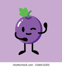 Ilustración vectorial gráfico de uva morada diciendo hola presentando el ojo parpadeante. Perfecto para alimentos saludables 