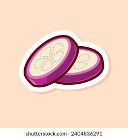 illustration vector graphic of purple slice eggplants vegetable with cute cartoon design style isolated. perfect for logo. sticker. icon. etc.