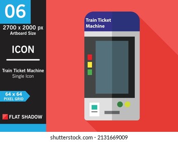 Ilustración gráfica vectorial del icono de la máquina de tickets de tren de ferrocarril con diseño plano, ilustración de icono de color, sombra plana con fondo de color rojo, icono único. archivo de formato EPS10