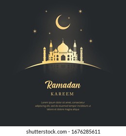 Illustration Vector Graphic of Ramadan Kareem with Elegant Gold Mosque, Good for Banner, Social Media, or Background
