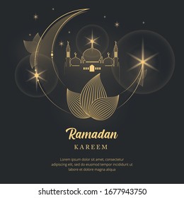 Illustration Vector Graphic of Ramadan Kareem with Luxury Gold Mosque in the Moon, Good for Banner, Social Media, or Background