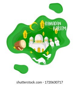 Illustration vector graphic of ramadan kareem 3D paper cut, camel, moon, mosque, star, lantern, islam. fit for greeting card .