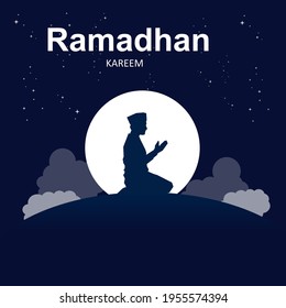 Illustration vector graphic Ramadan Kareem man praying with moon background, cloud and star. Perfect for concept of presentation, banner, cover and promotion celebration