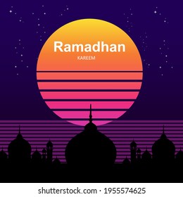 Illustration vector graphic Ramadan Kareem mosque silhouette with moon and star background. Perfect for concept of presentation, banner, cover and promotion celebration