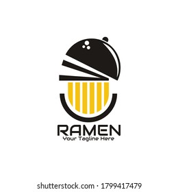 illustration vector graphic of ramen and chopsticks on top of the bowl with the lid on the bowl, perfect for ramen, noodles, cafe, restaurant, resto, etc.
