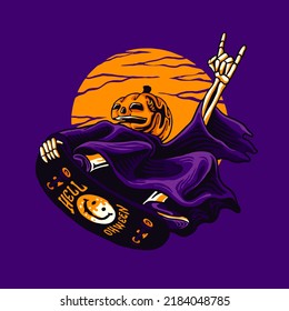 Illustration vector graphic of “GRIM REAPER SKATEBOARDING” for apparel design merchandise, such as logos on product packaging