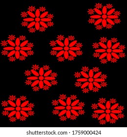 
illustration vector graphic of  red flower surrounded by eight small red flowers with small flowers on the outside concept design with black background