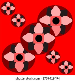
ilustración vectorial gráfico de flores rojas con cuatro pétalos rojos, mientras que cuatro pétalos negros y círculos marrones bajo el diseño conceptual con fondo rojo