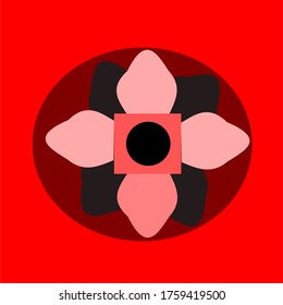 
Vektorgrafik von roten Blumen mit vier roten Blütenblättern und vier schwarzen Blüten und braunen Kreise unter dem Konzept-Design mit rotem Hintergrund