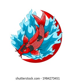 illustration vector graphic of red koi fish on water background and red crescent suitable for design T-shirt and other 