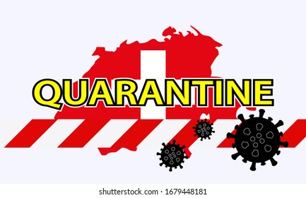 Illustration vector graphic of red quarantine tape isolated and covid-19 corona virus on Switzerland map background. warning sign of quarantine. Good for template background, banner, etc. covid-19.