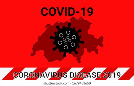 Illustration vector graphic of red quarantine tape isolated and covid-19 corona virus on Switzerland map background. warning sign of quarantine. Good for template background, banner, poster, etc.