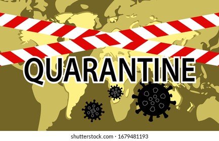 Ilustración vectorial gráfico de cinta roja de cuarentena aislada y covid-19 corona virus en el fondo del mapa mundial. signo de advertencia de cuarentena. Es bueno para el fondo de plantilla, banner, afiche, etc covid-19.
