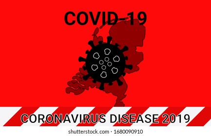 Illustration vector graphic of red quarantine tape isolated and covid-19 corona virus on Netherlands map background. warning sign of quarantine. Good for template background, banner, poster, etc.