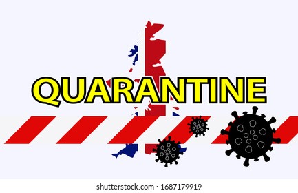 Illustration vector graphic of red quarantine tape isolated and covid-19 corona virus on United Kingdom map background. warning sign of quarantine. Good for template background, banner, etc. 
