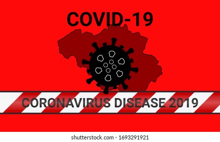Illustration vector graphic of red quarantine tape isolated and covid-19 corona virus on Belgium map background. warning sign of quarantine. Good for template background, banner, poster, etc.