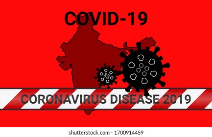 Illustration vector graphic of red quarantine tape isolated and covid-19 corona virus on india map background. warning sign of quarantine. Good for template background, banner, poster, etc.